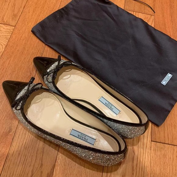 Prada Glitter Ballerina Flats Women color Argento size 4.5 - Picture 1 of 3